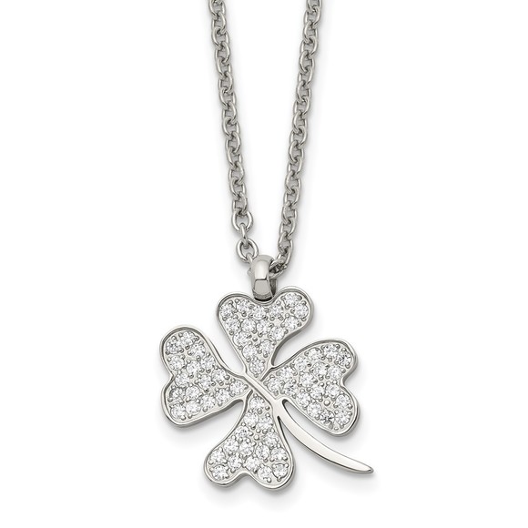 Steel Polished CZ Four Leaf Clover Shamrock Charm on a 22